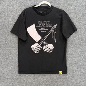 Rusty Butcher Tshirt Mens Medium Black Paint Everything Black Graphic Biker Tee